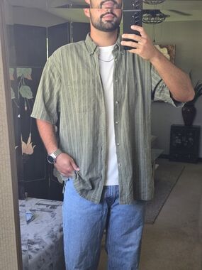 Junction West Relaxed Olive Green Striped Short-Sleeve Button-Down Shirt